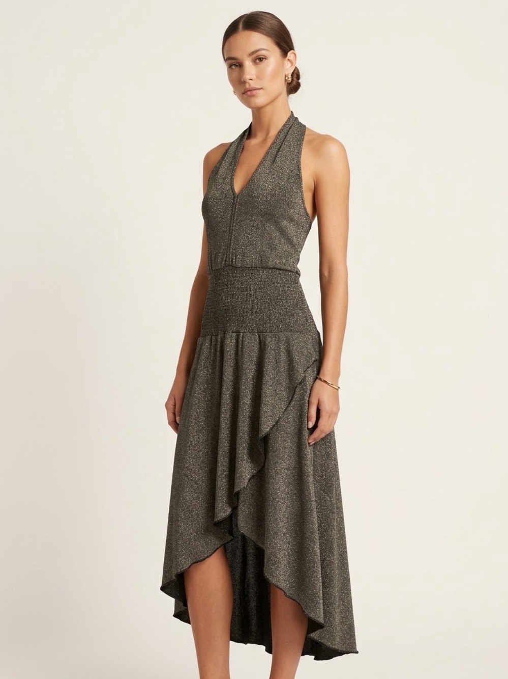 Alice + Olivia Metallic Shimmer High Low Knit Halter Dress M
